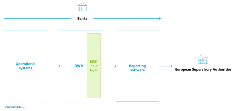 Overview of possible reporting data flow for a neobank in the article "BIRD 5.0 – Opportunity for FinTechs and neobanks"