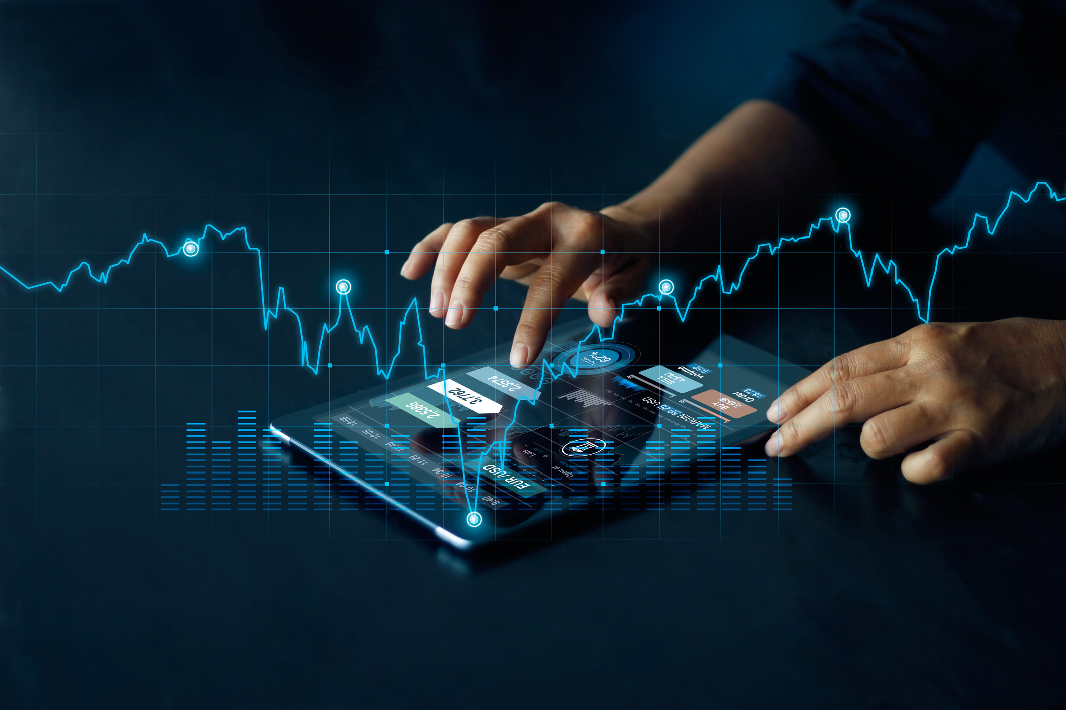 Tablet screen shows currency rate as metaphor for the article "Digital assets – capturing the attention of institutional investors"