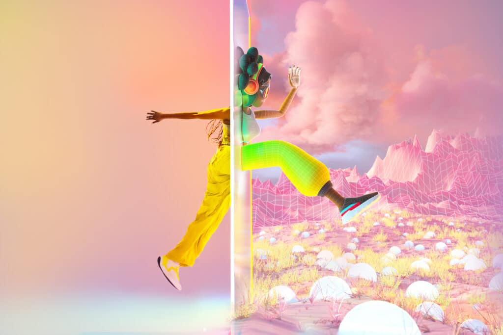 Digital generated image of young woman jumping as metaphor for asset manage­ment: invest­ment pro­ducts in a world of Net­flix, Tik­Tok et al.