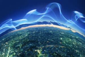 Light trail over the city as metaphor for: marathon towards โnet zeroโ the role of banks