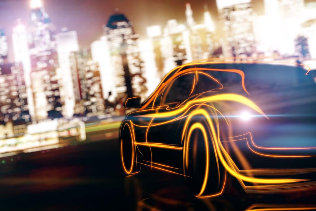 Creative glowing digital car on blurry night city as metaphor for the German fleet leasing market