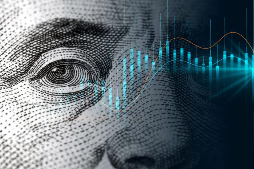 Cash dollar bill and design with waves and bars as metaphor for crypto fund unit