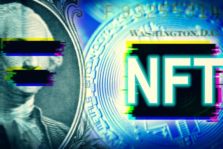 NFT word on dollar bill and bitcoin coin