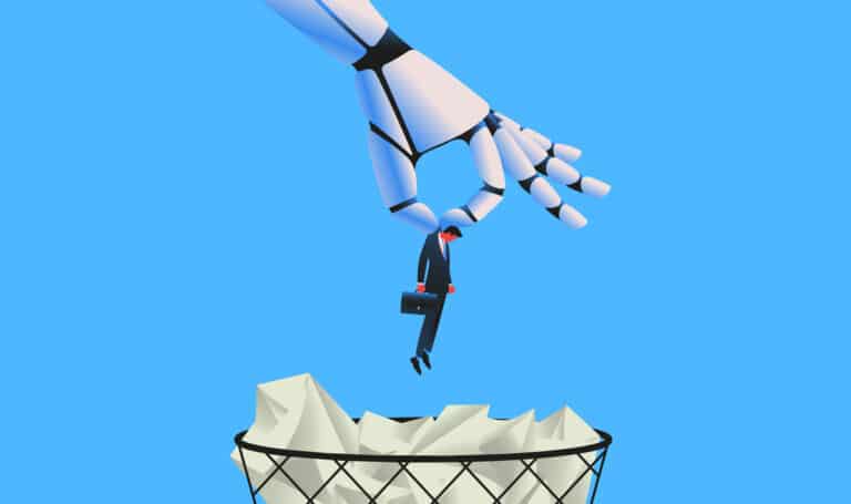 Giant robot throwing man in a trash can as metaphor for "AI at work: will AI replace or support us?"