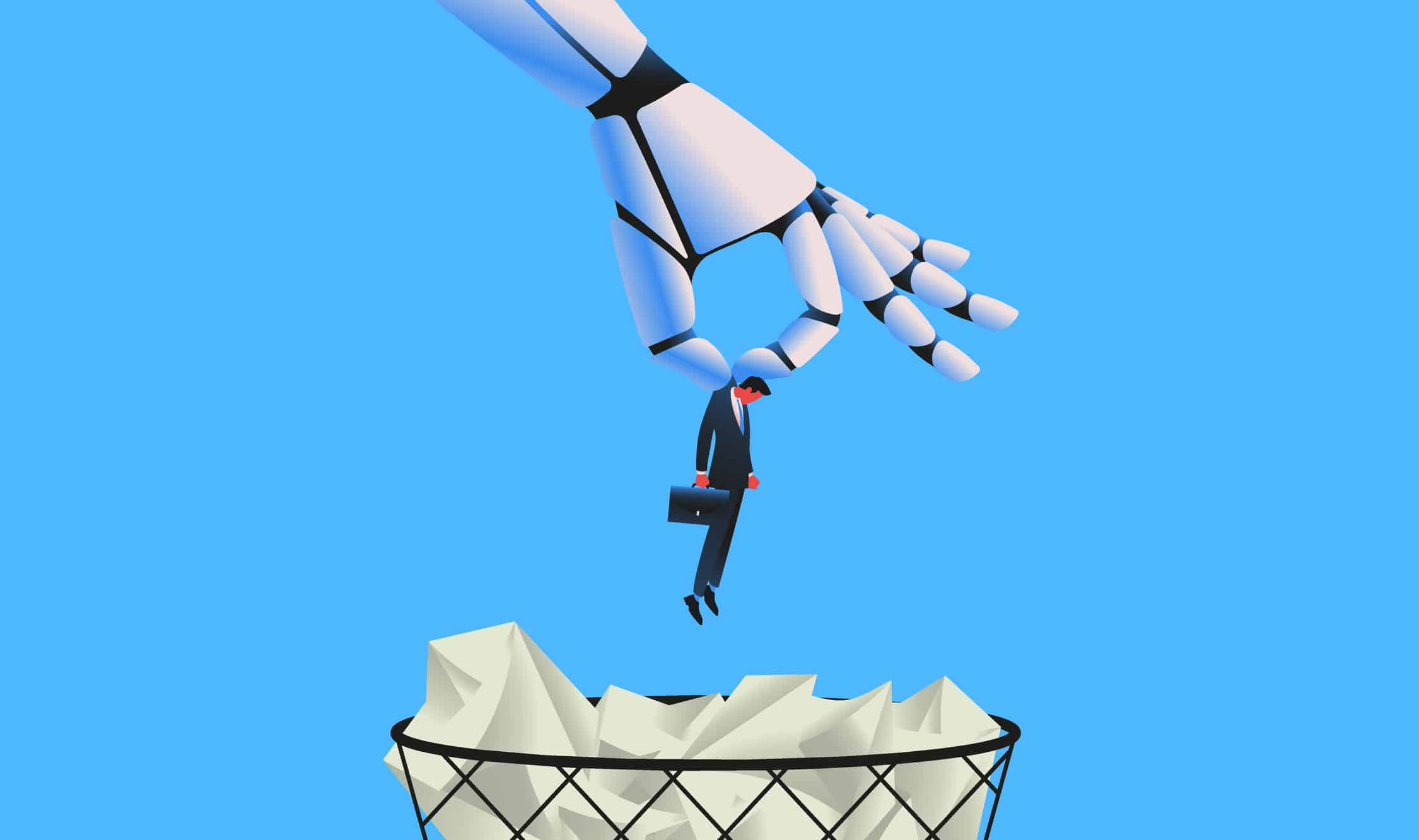 Giant robot throwing man in a trash can as metaphor for "AI at work: will AI replace or support us?"