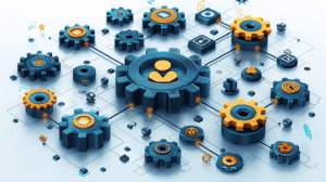 Gears with a person in the middle as a symbol for: How does human resources strategy determine the future of banks?